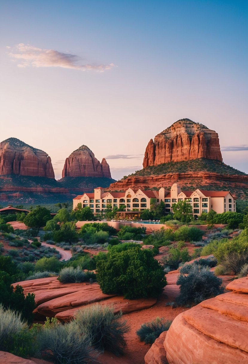 A serene desert landscape with red rock formations, lush greenery, and a luxurious resort nestled in the tranquil surroundings of Sedona, Arizona