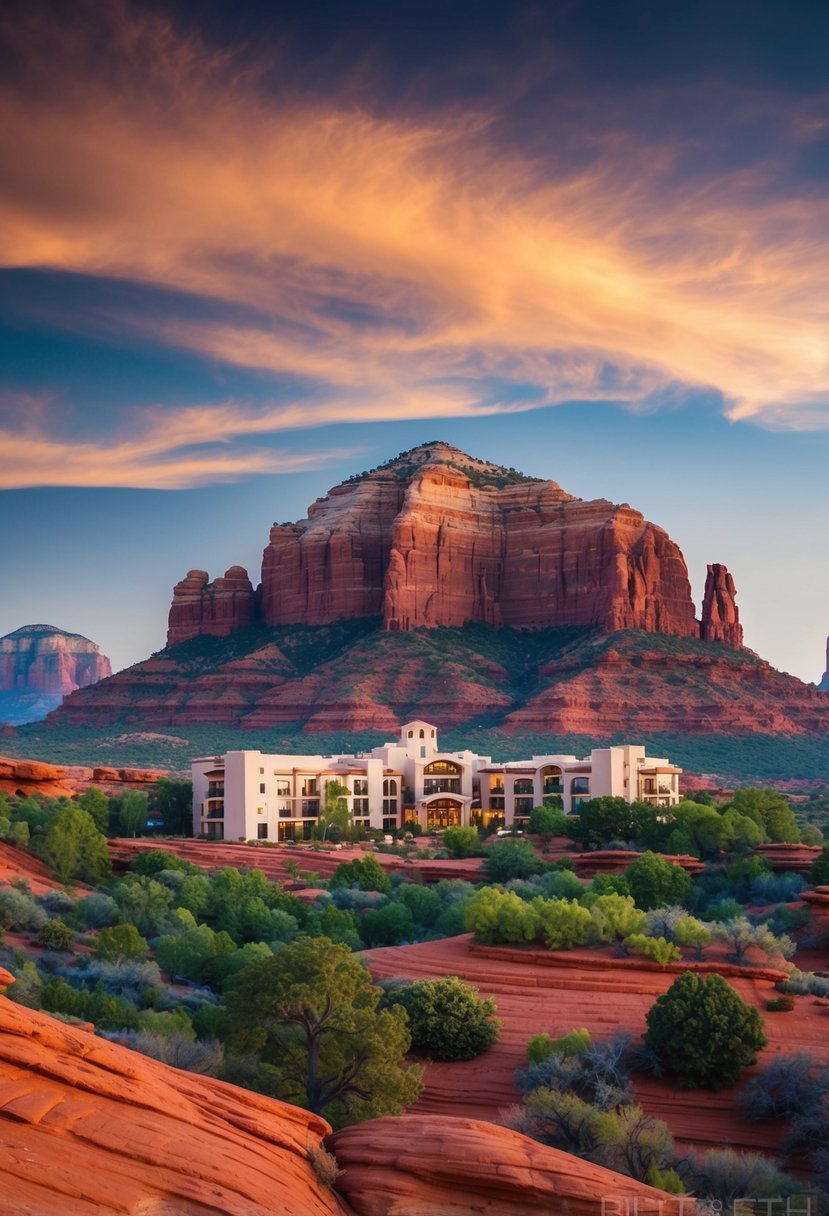 A majestic desert landscape with red rock formations, lush greenery, and a luxurious resort nestled among the natural beauty of Sedona, Arizona