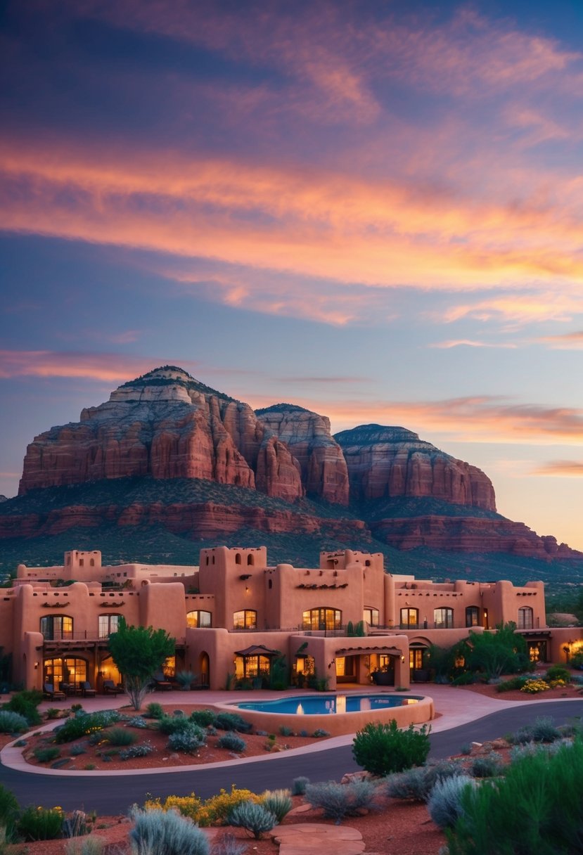 A luxurious resort nestled in the red rock landscape of Sedona, Arizona. The sun sets behind the mountains, casting a warm glow over the adobe-style buildings and lush desert gardens