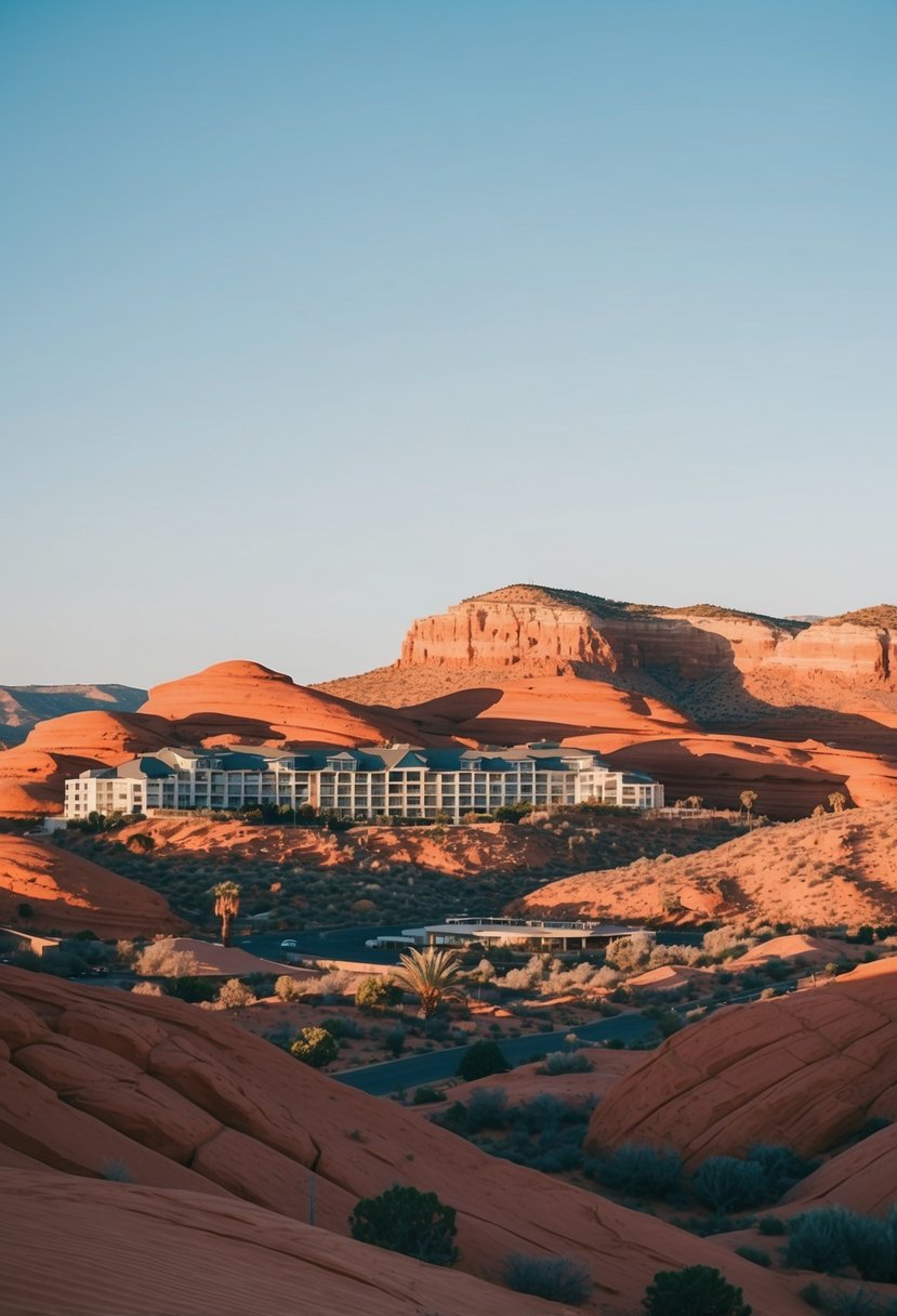 A serene desert landscape with red rock formations, a luxurious resort nestled among the hills, and a clear blue sky overhead