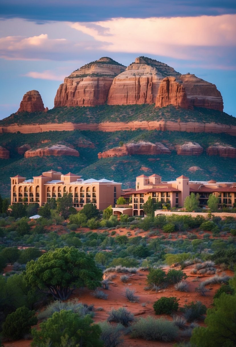 A serene desert landscape with red rock formations, lush greenery, and luxurious resort buildings nestled among the natural beauty of Sedona, Arizona