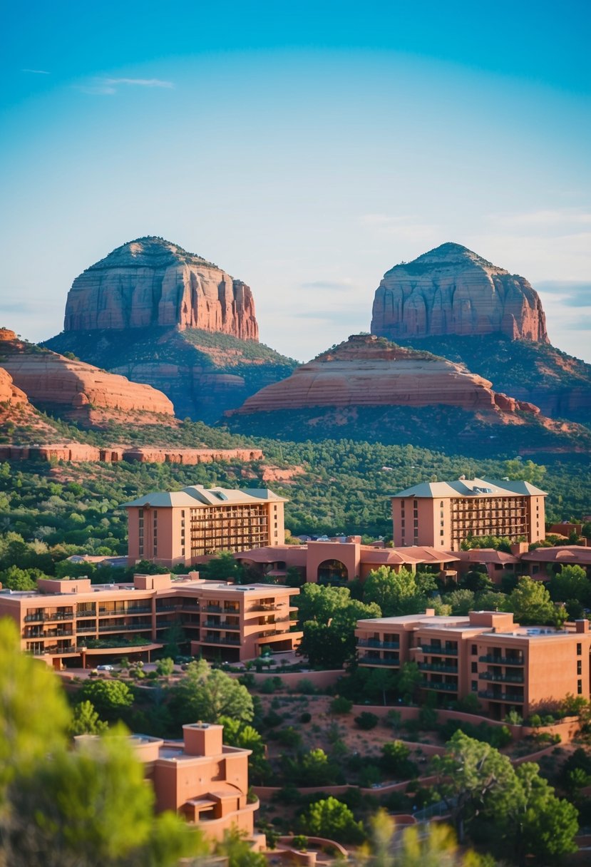A panoramic view of Sedona's top 5 resorts nestled among the red rock formations, with lush greenery and a clear blue sky in the background