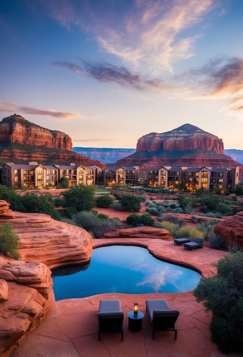 A tranquil scene of 5 luxurious resorts nestled in the red rock landscape of Sedona, Arizona, each offering wellness and relaxation offerings
