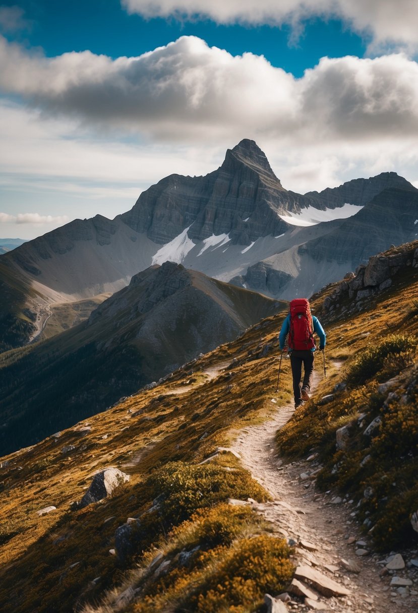 Aries: A rugged mountain landscape with a lone hiker conquering a challenging trail