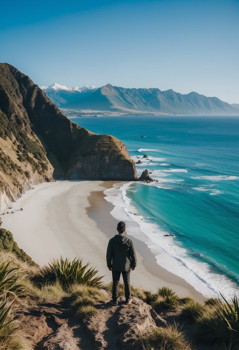 Aries 5 zodiac: A lone figure standing on a rugged cliff overlooking a pristine beach in New Zealand, with mountains in the distance