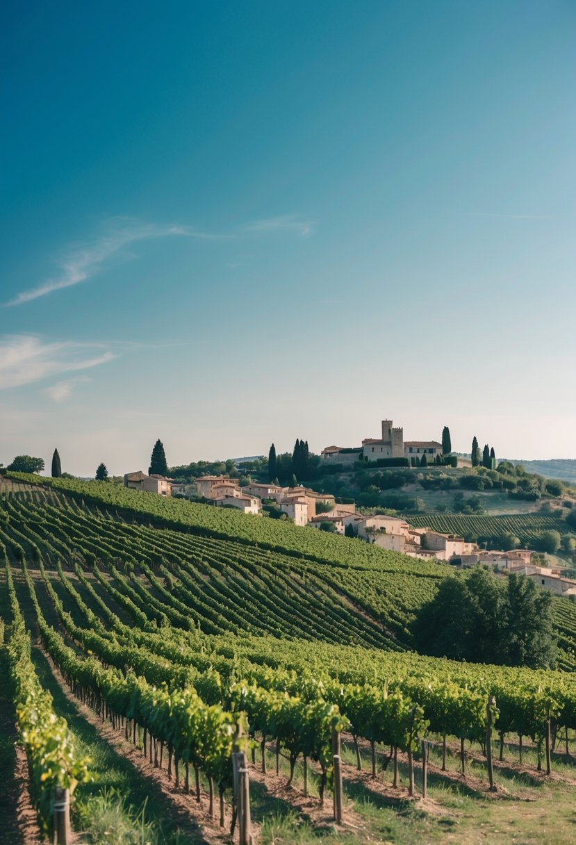 Rolling hills of vineyards under a clear blue sky, with a medieval village nestled in the distance