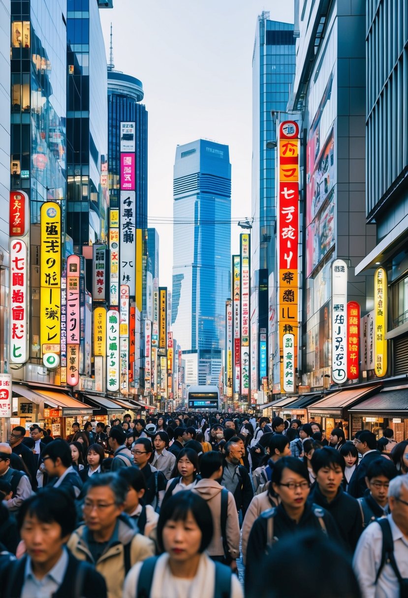 A bustling Tokyo street with colorful signs and bustling crowds, surrounded by modern skyscrapers and traditional Japanese architecture