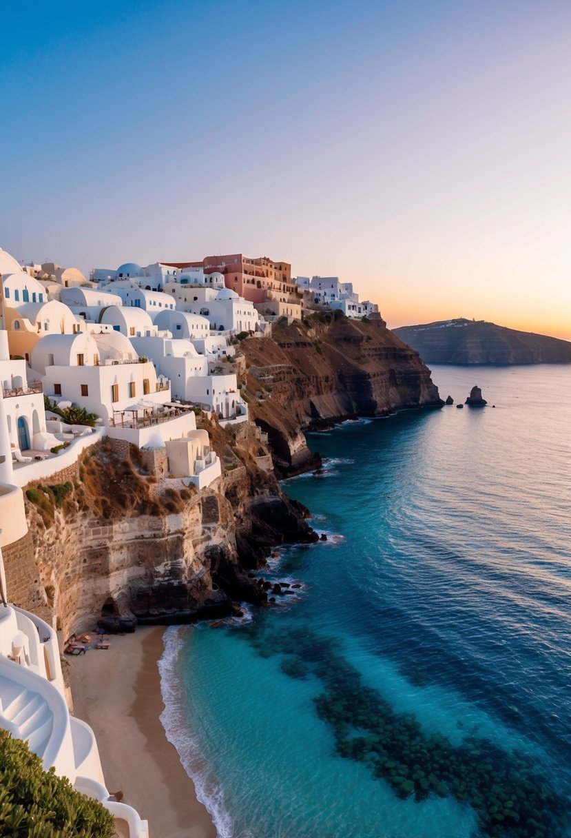 A serene beach with white buildings cascading down the cliffs into the crystal-clear waters of Santorini, with a backdrop of a vibrant sunset