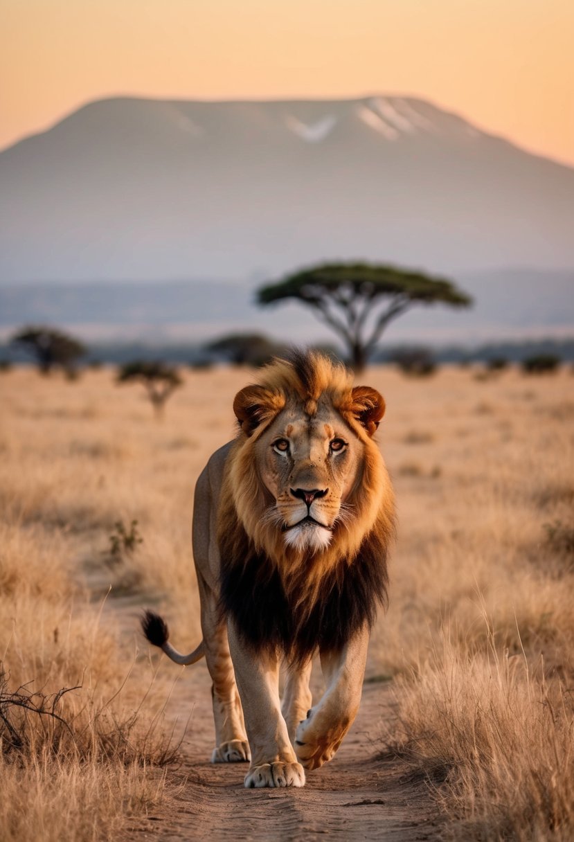 A lion roaming freely through the vast savannah of Kenya, with the majestic Mount Kilimanjaro in the distance