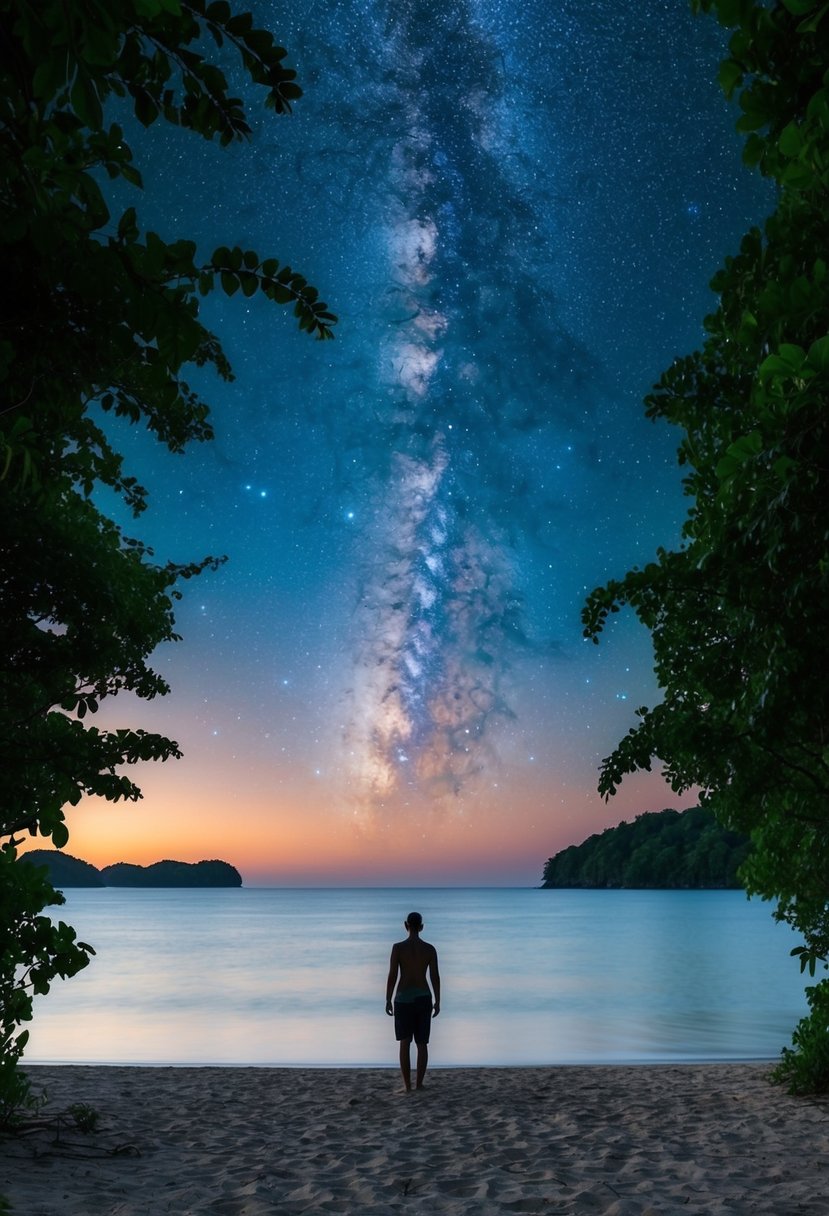 A serene beach with a solitary figure under a starry sky, surrounded by lush greenery and calm waters