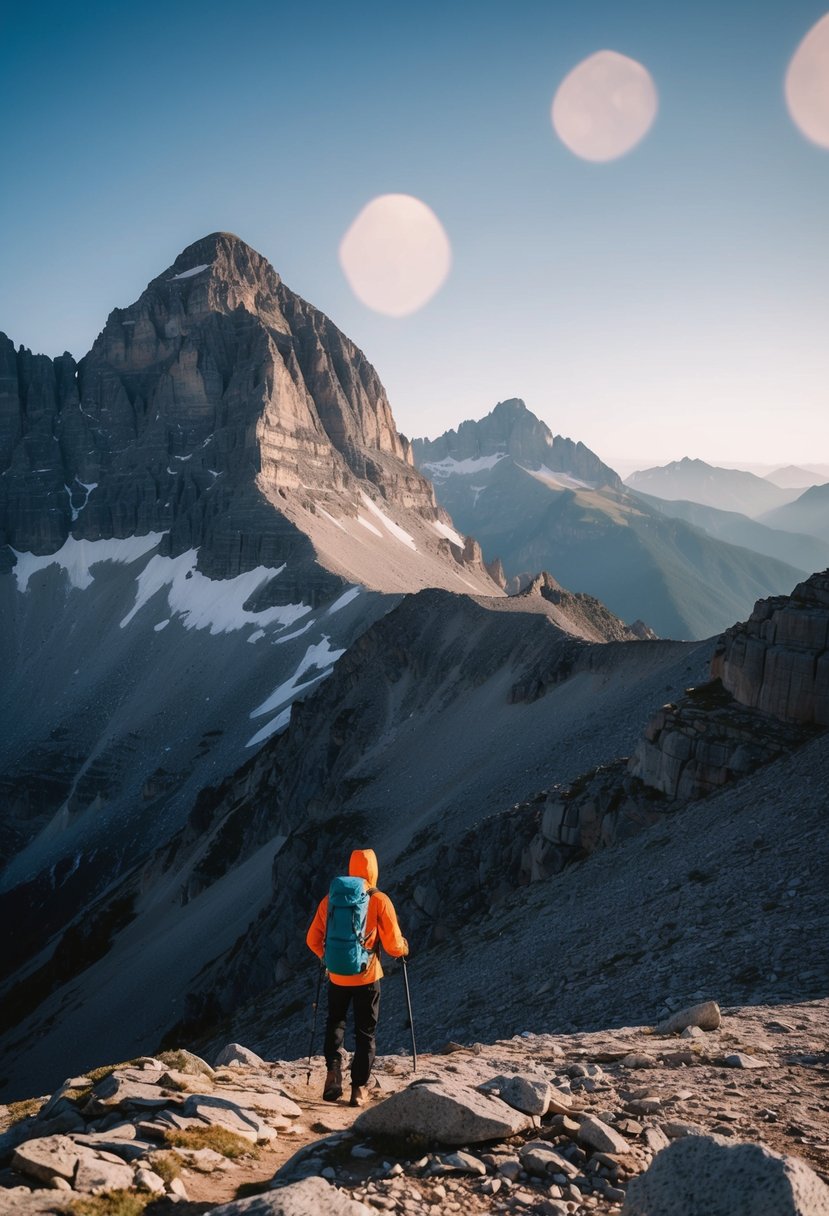 Aries: A rugged mountain landscape with a lone hiker conquering the peaks