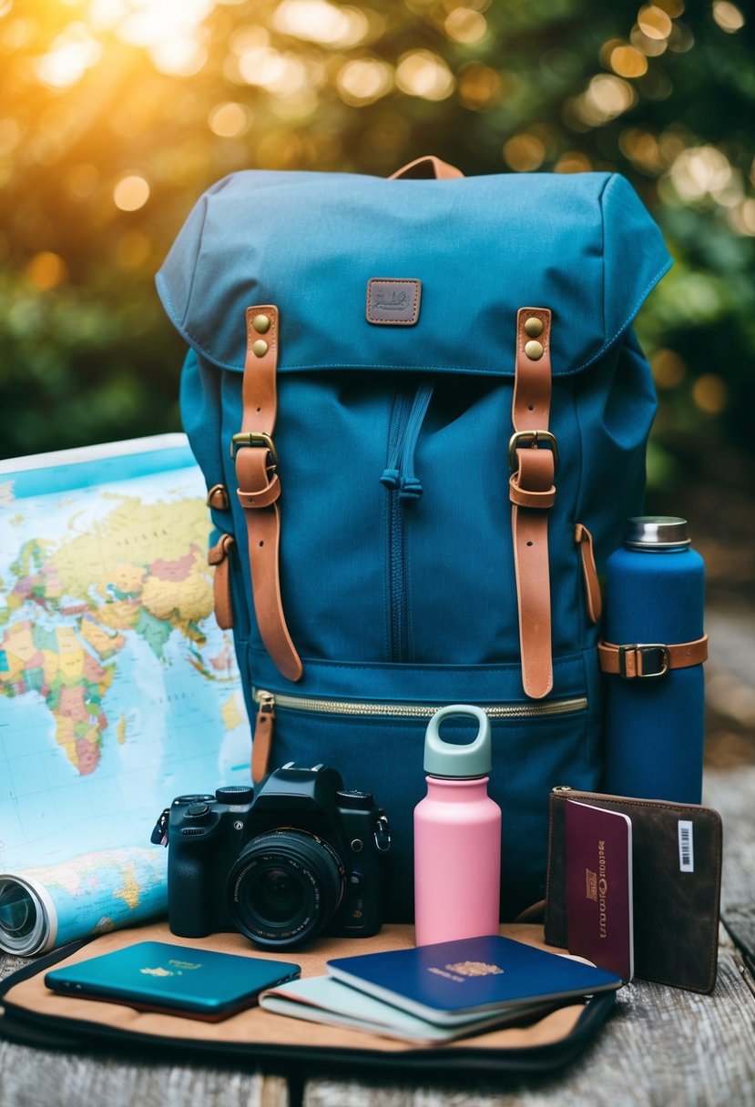 A traveler's backpack surrounded by essential travel items, including a map, water bottle, camera, and passport
