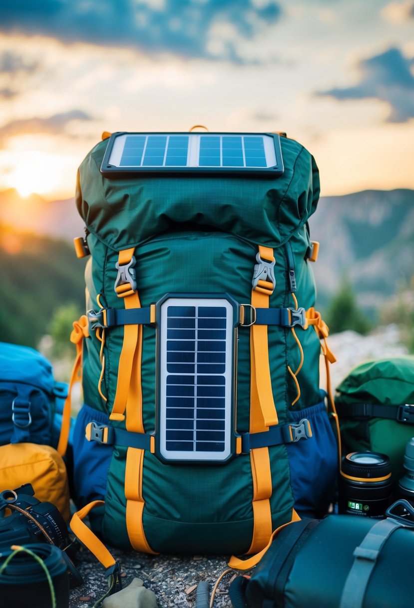 A traveler's backpack with added compartments, reinforced straps, and built-in solar panels, surrounded by various outdoor gear and equipment