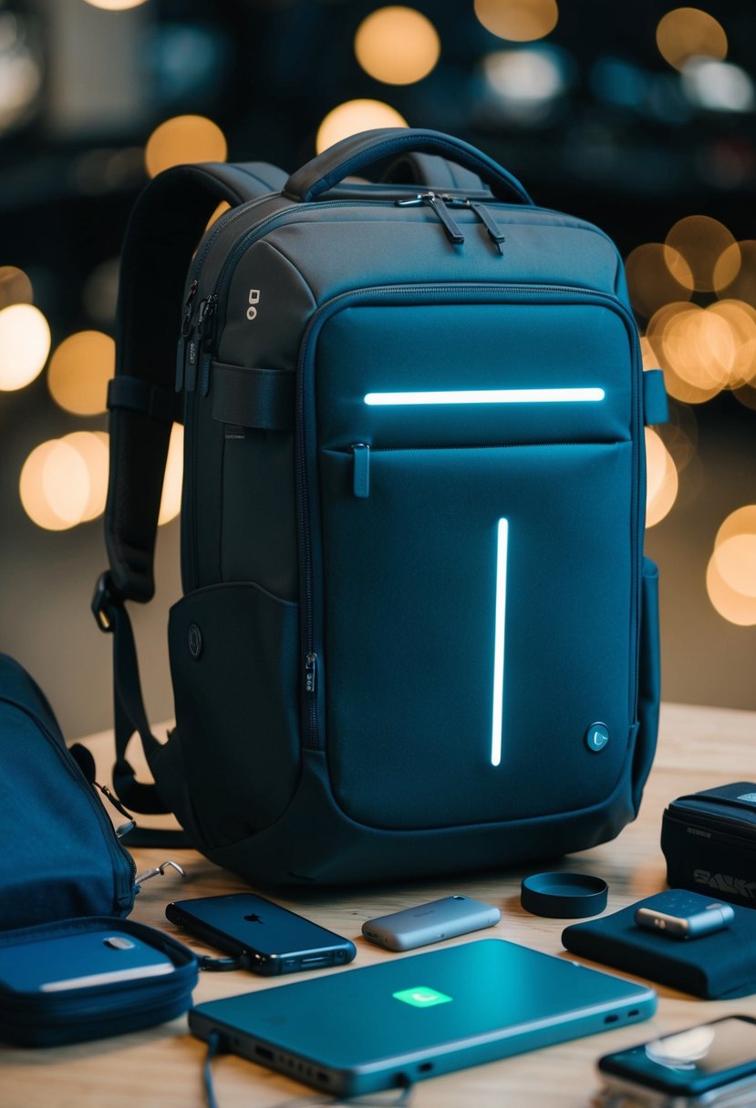 A modern traveler's backpack with built-in charging ports and adjustable compartments, surrounded by various travel essentials