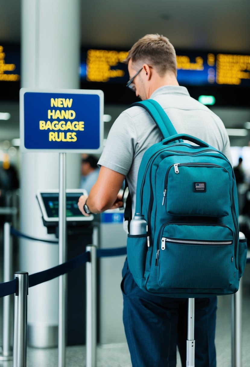 A traveler's backpack being inspected at airport security, with new hand baggage rules displayed on a nearby sign