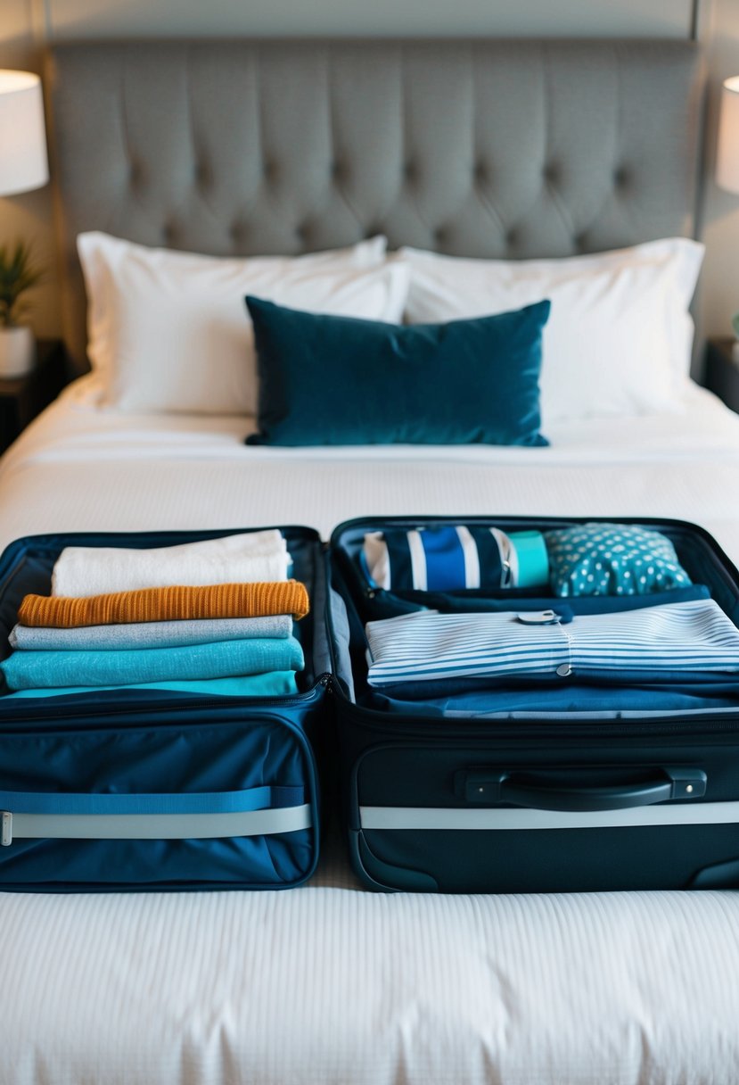 A suitcase open with neatly folded clothes, toiletries, and travel essentials laid out on a bed