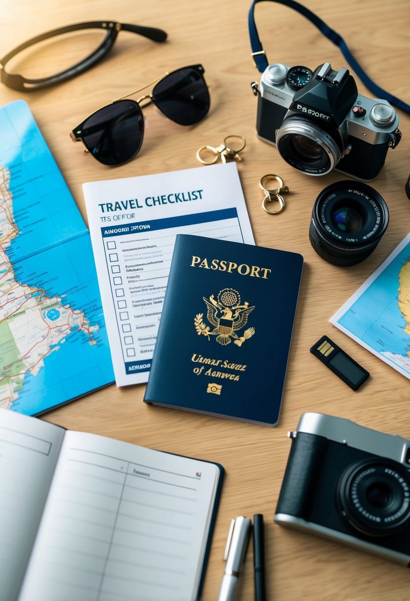 A table with a passport, visas, and a travel checklist surrounded by various travel-related items such as a camera, map, and sunglasses