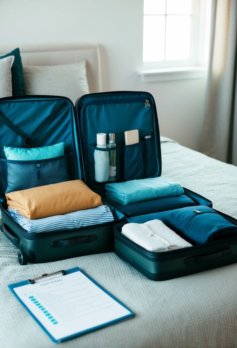 A suitcase open on a bed, filled with neatly folded clothes, toiletries, and travel documents. A checklist sits nearby, crossed off items visible