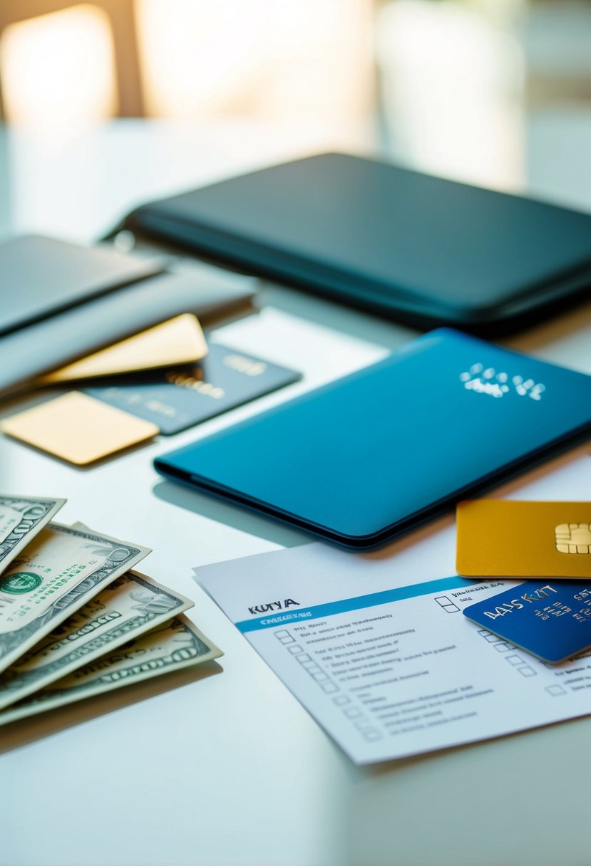 A neatly organized array of cash, credit cards, and a travel checklist laid out on a clean surface
