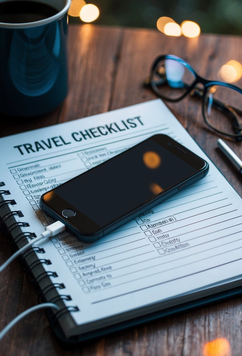 A phone and charger sit atop a travel checklist with various items listed