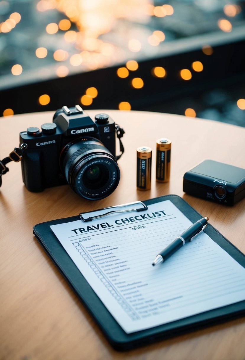 A camera, spare batteries, and a travel checklist laid out on a table
