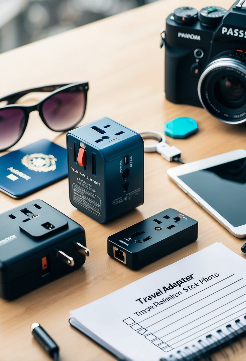 A table with a travel adapter, converters, and a checklist surrounded by travel essentials like a passport, sunglasses, and a camera