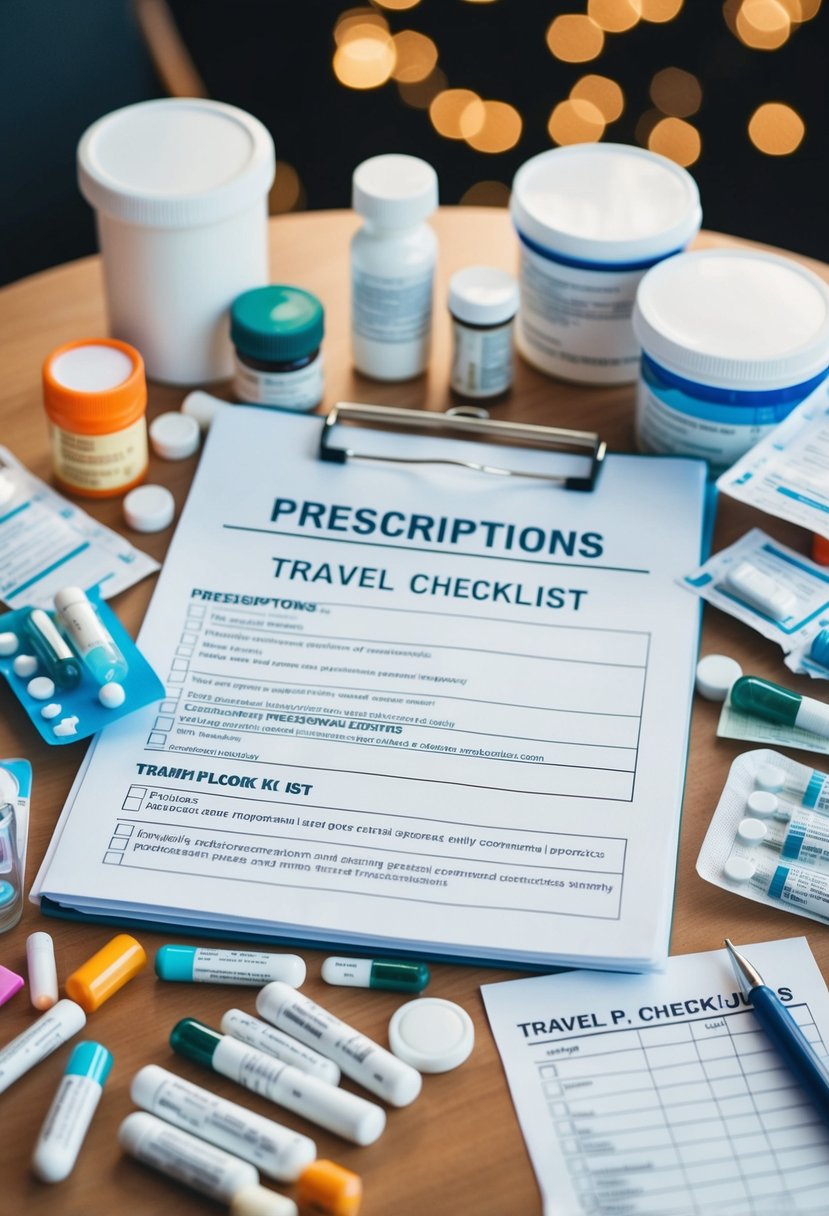 A table with a variety of medications, prescriptions, and travel checklists spread out