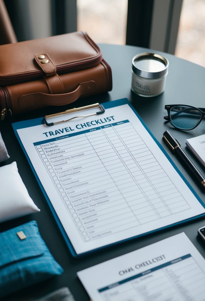A neatly organized travel checklist with items such as clothes, toiletries, and travel documents laid out on a table