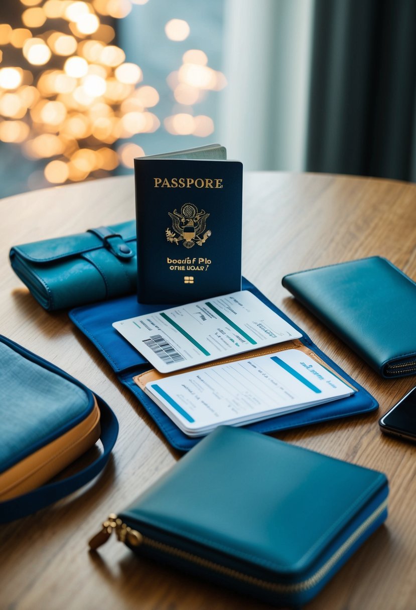 A table with a passport, boarding pass, travel wallet, and other essentials laid out for packing
