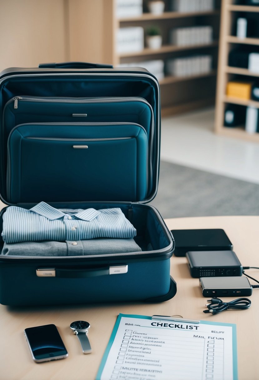 A suitcase open with neatly folded clothing and various electronics laid out on a table next to a checklist
