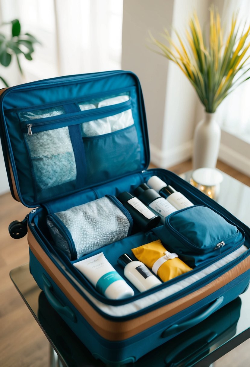 A suitcase open with toiletries and miscellaneous items neatly organized on a table, ready to be packed for a trip