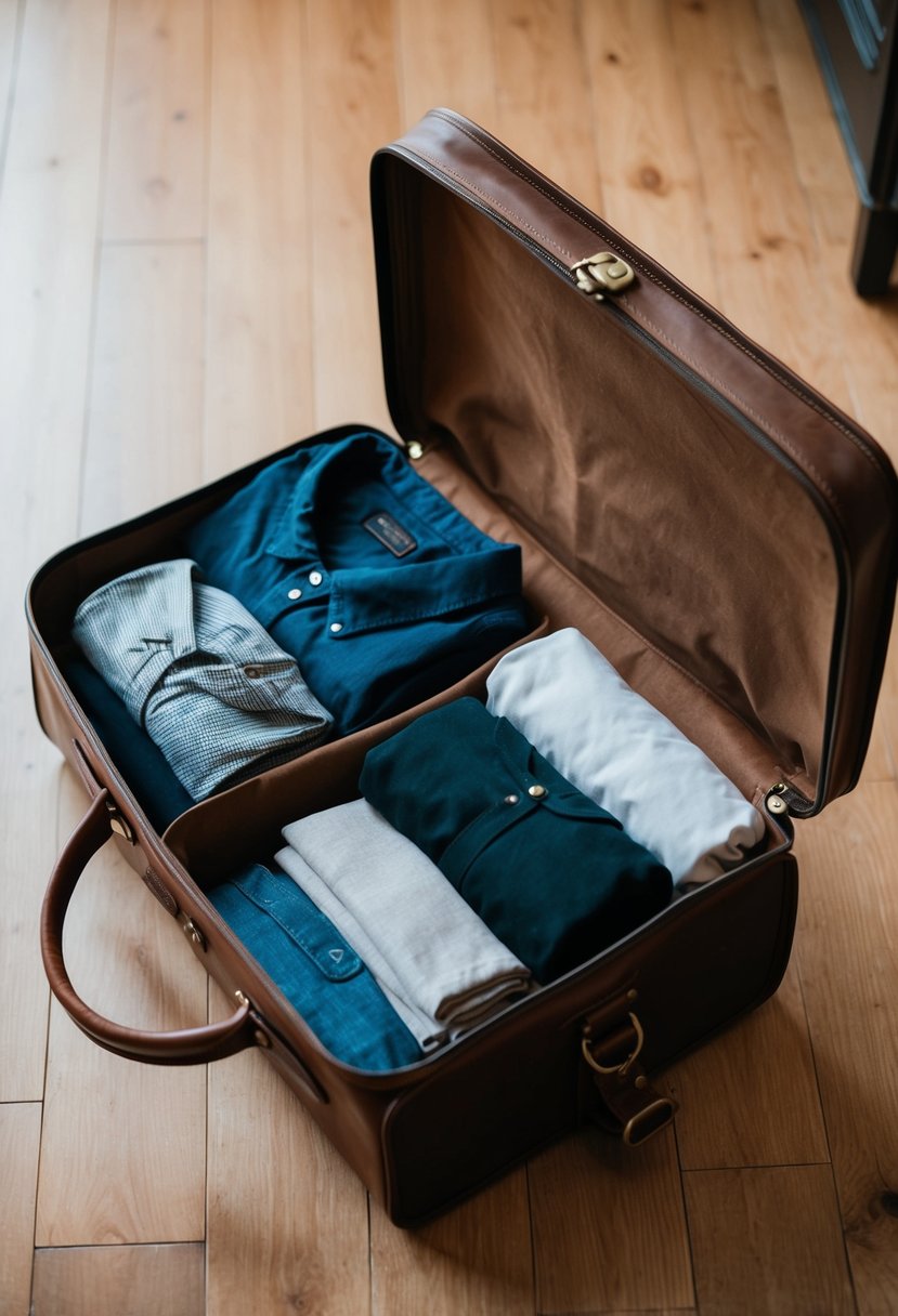 A vintage leather travel bag sits open on a wooden floor, filled with neatly folded clothing and travel essentials