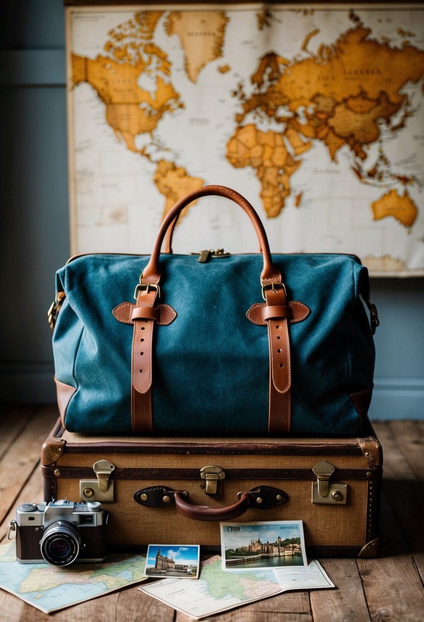 A vintage leather travel bag sits on a worn wooden suitcase, surrounded by old travel maps and postcards