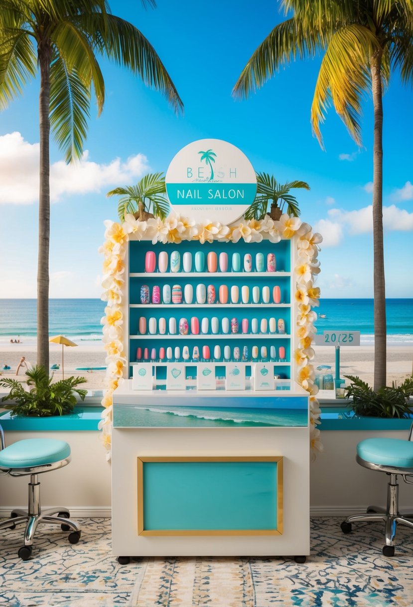 A beach-themed nail salon with tropical decor, palm trees, and ocean views, showcasing a display of 2025 vacation nail styles
