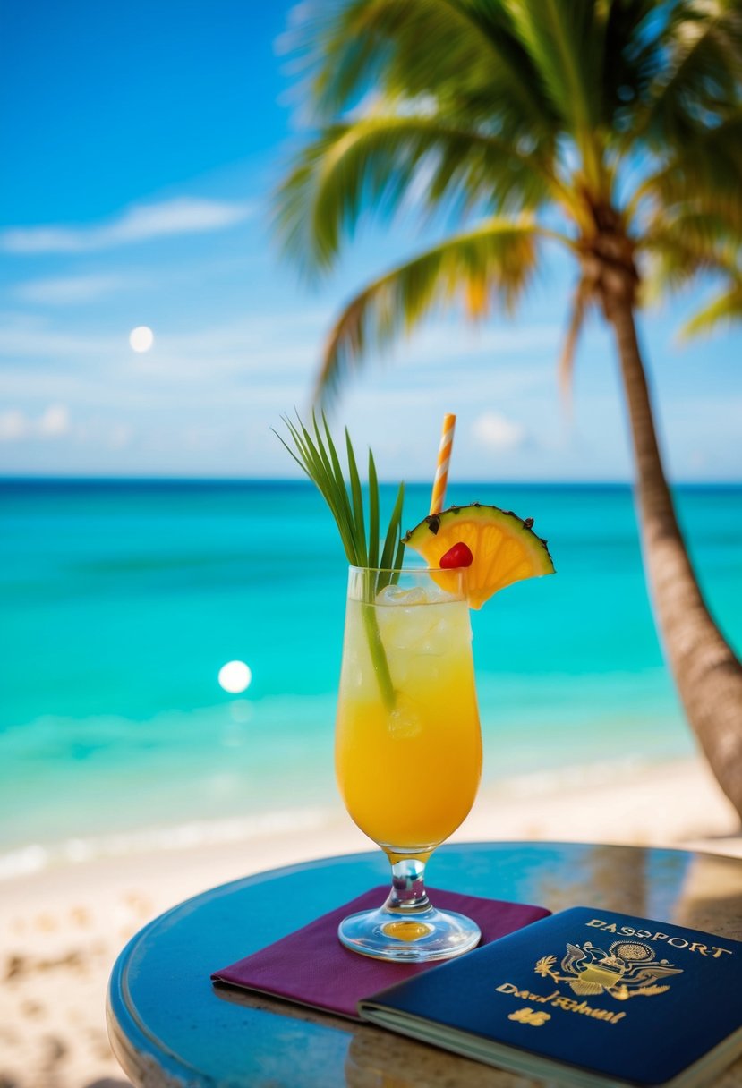 A beach scene with palm trees, a clear blue sky, and sparkling turquoise water, with a tropical cocktail and a passport on a table