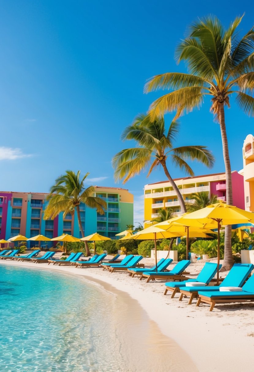 A beachside resort with vibrant umbrellas, palm trees, and crystal-clear water, set against a backdrop of colorful buildings and a bright blue sky