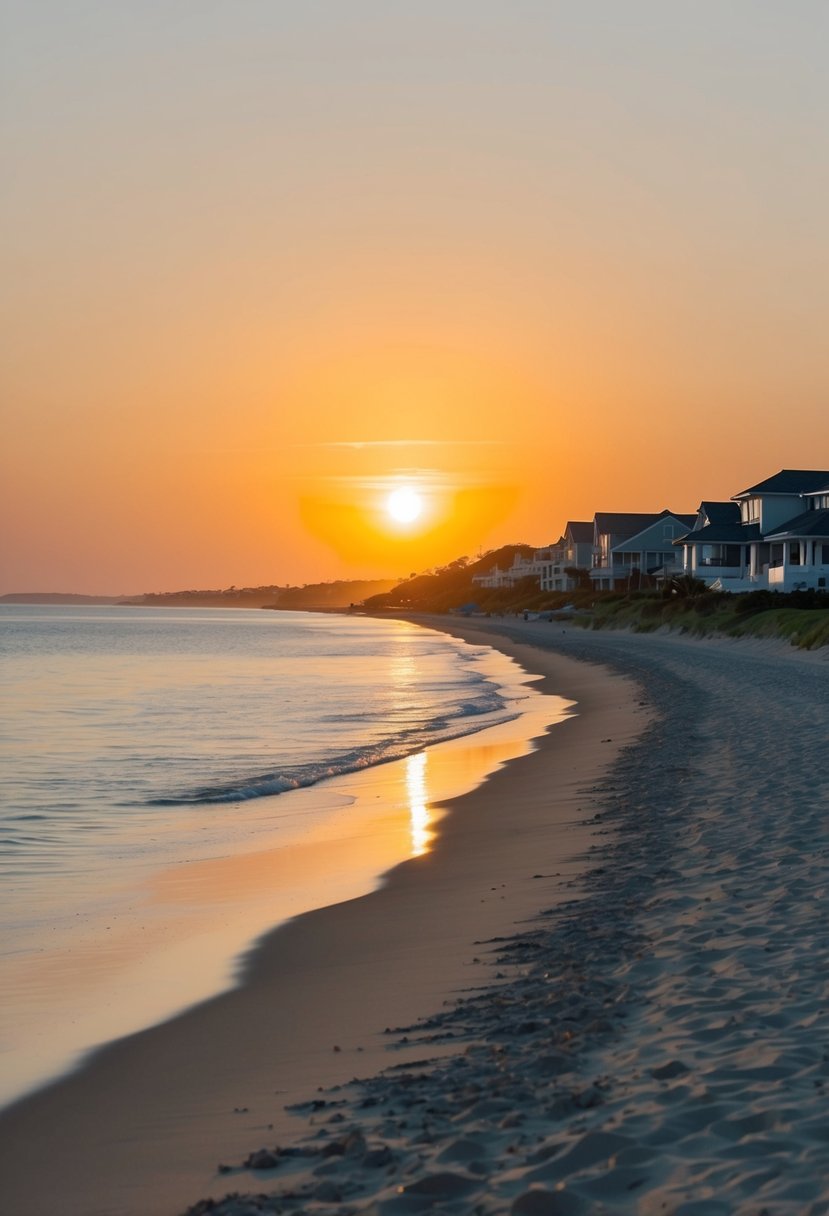 The sun sets over the calm, pristine shore of Carbon Beach, with luxurious beachfront homes lining the golden sands