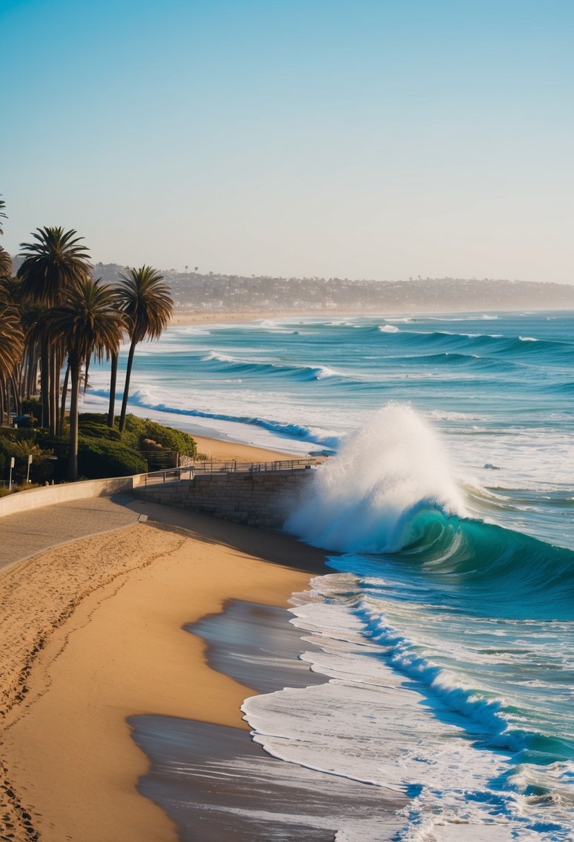 A sunny Santa Monica Beach scene with palm trees, golden sand, and clear blue waves crashing against the shore