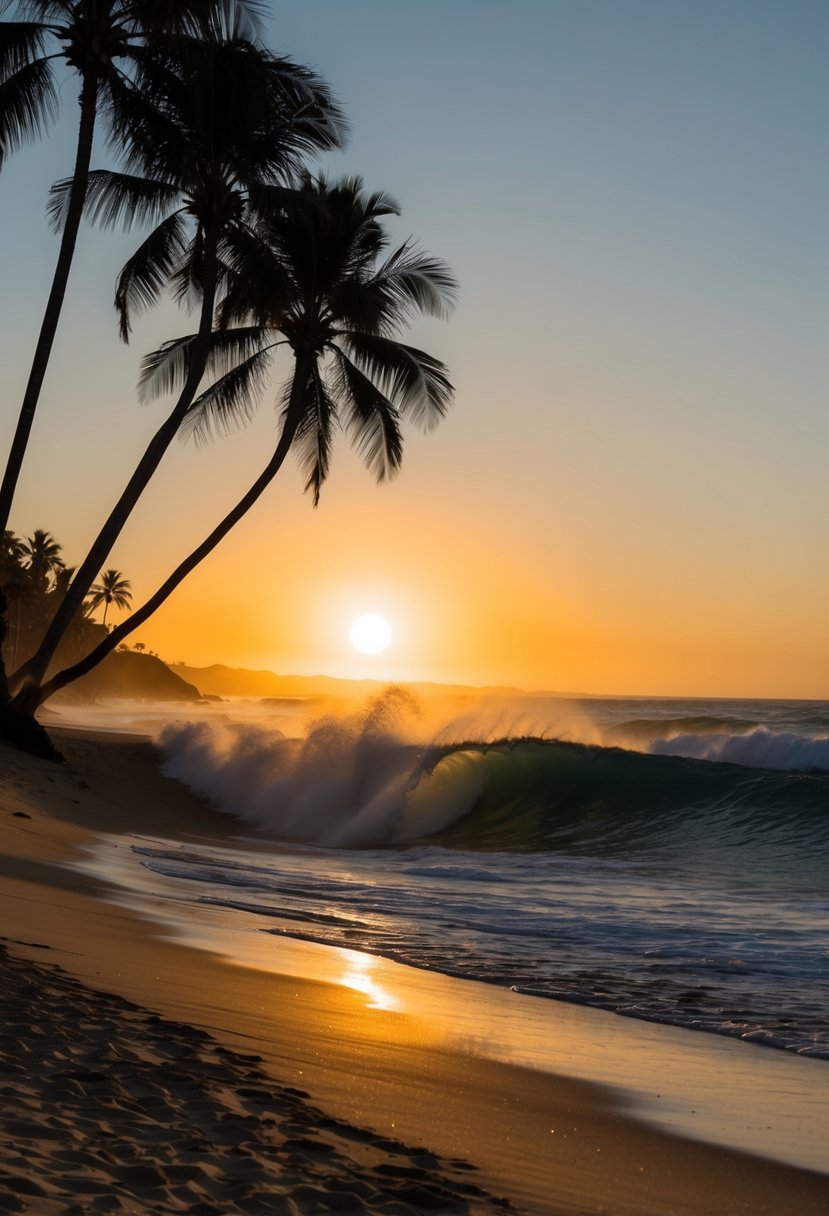 The sun sets over Zuma Beach, casting a warm glow on the golden sand and crashing waves, with the silhouette of palm trees lining the shore