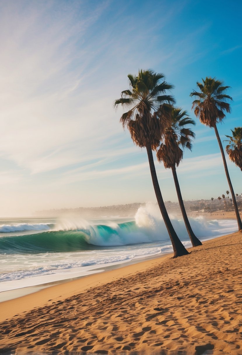 A vibrant scene of palm trees, golden sand, and crashing waves at one of the best beaches in Los Angeles