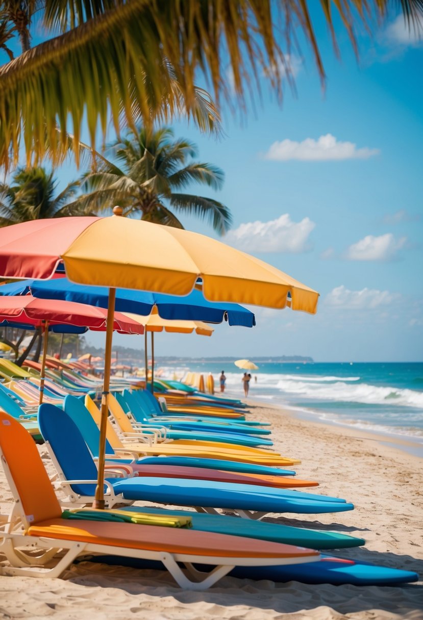A sunny beach with colorful umbrellas, lounge chairs, surfboards, and beach equipment rentals lining the shore, with palm trees and the ocean in the background