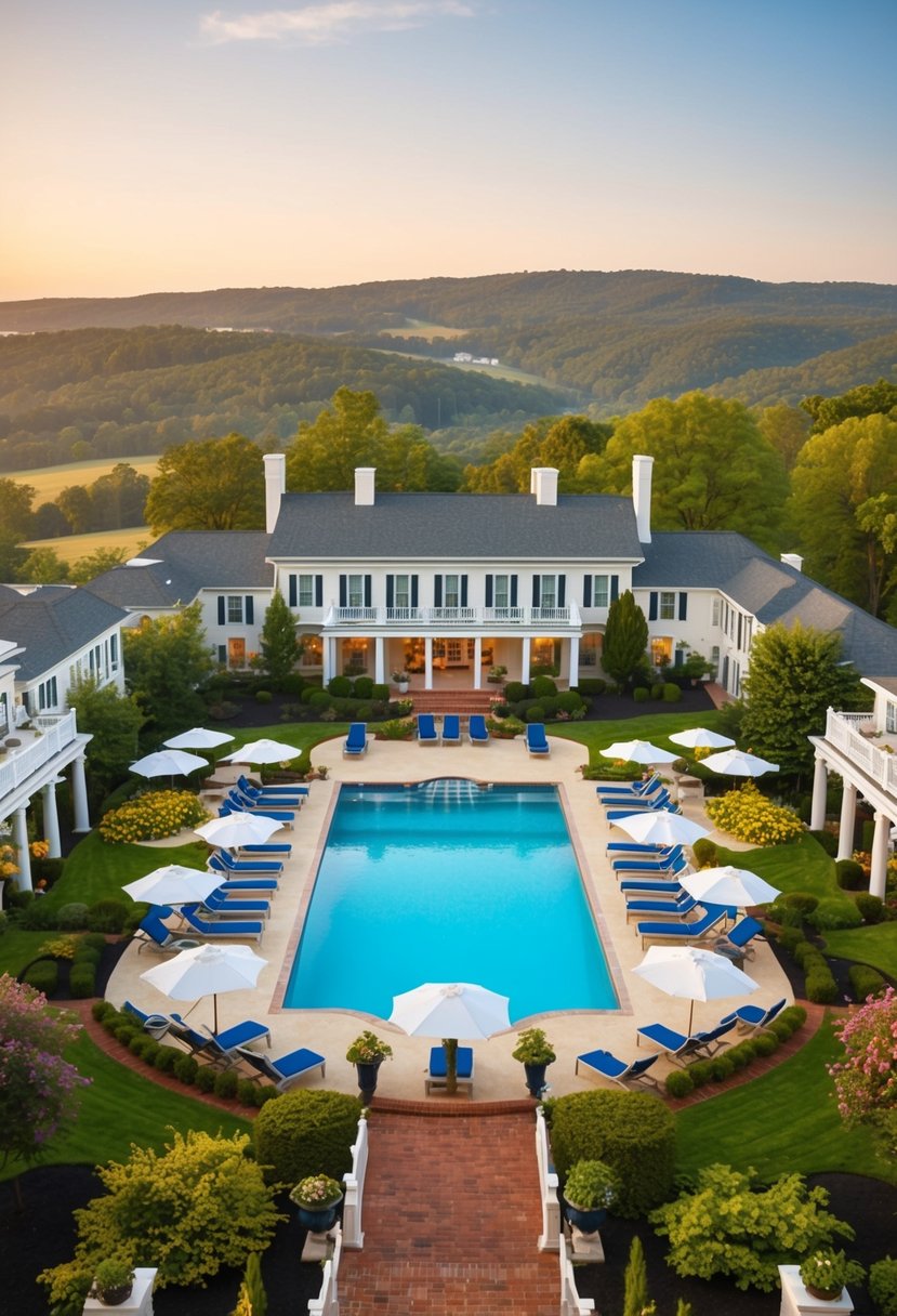 A luxurious resort nestled in the rolling hills of Virginia, featuring elegant architecture, lush gardens, and a sparkling pool surrounded by lounge chairs and umbrellas