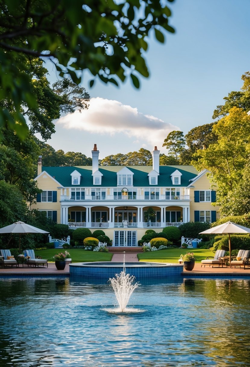 A tranquil waterfront scene at Tides Inn, with lush grounds, a sparkling pool, and elegant architecture, showcasing one of Virginia's top resorts