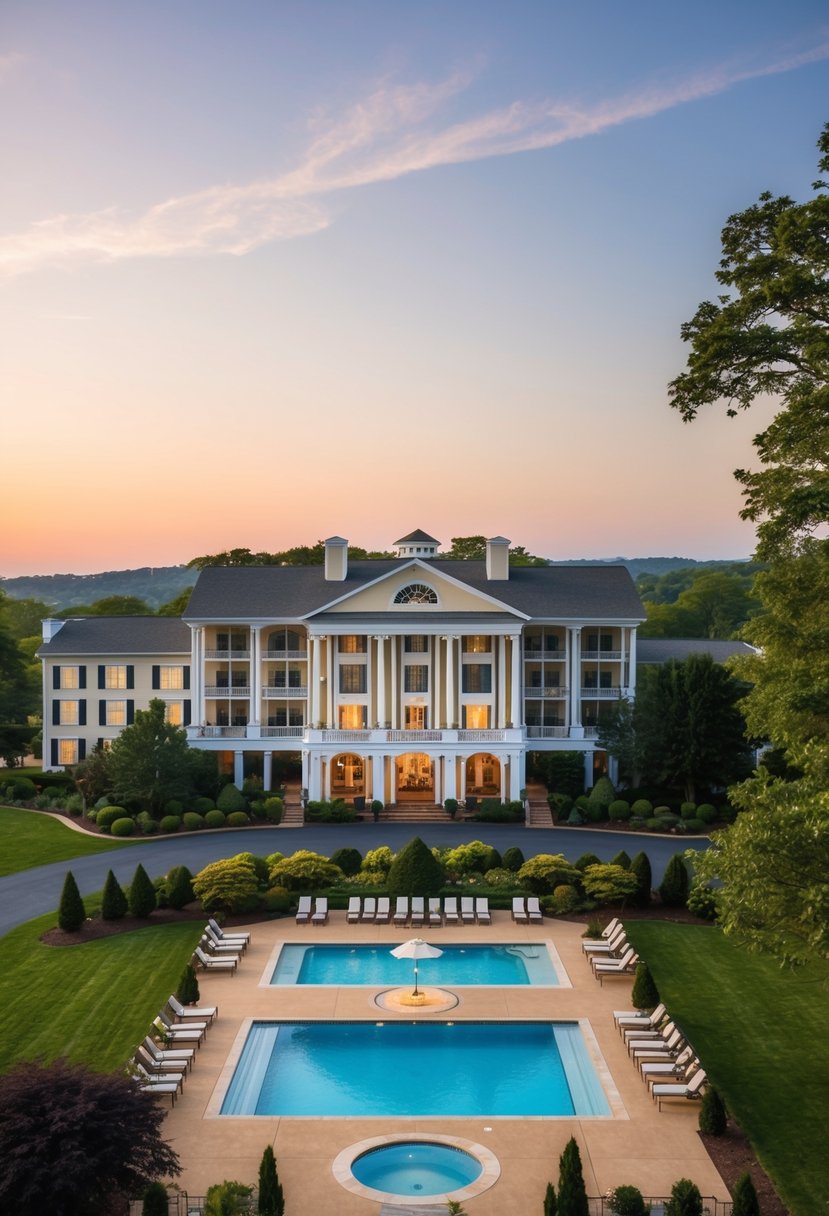 A luxurious resort nestled in the Virginia countryside, featuring a grand facade, lush landscaping, and a tranquil pool area