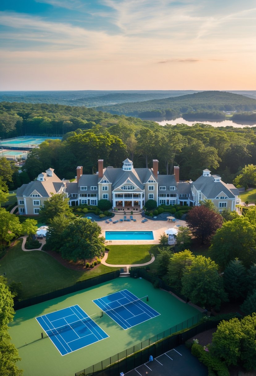 Aerial view of Boar's Head Resort nestled in lush Virginia landscape, with a sparkling pool, tennis courts, and elegant buildings