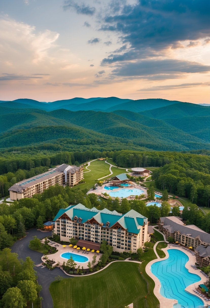 Aerial view of Massanutten Resort nestled in the picturesque Virginia mountains, featuring lush greenery, ski slopes, water park, and luxurious accommodations