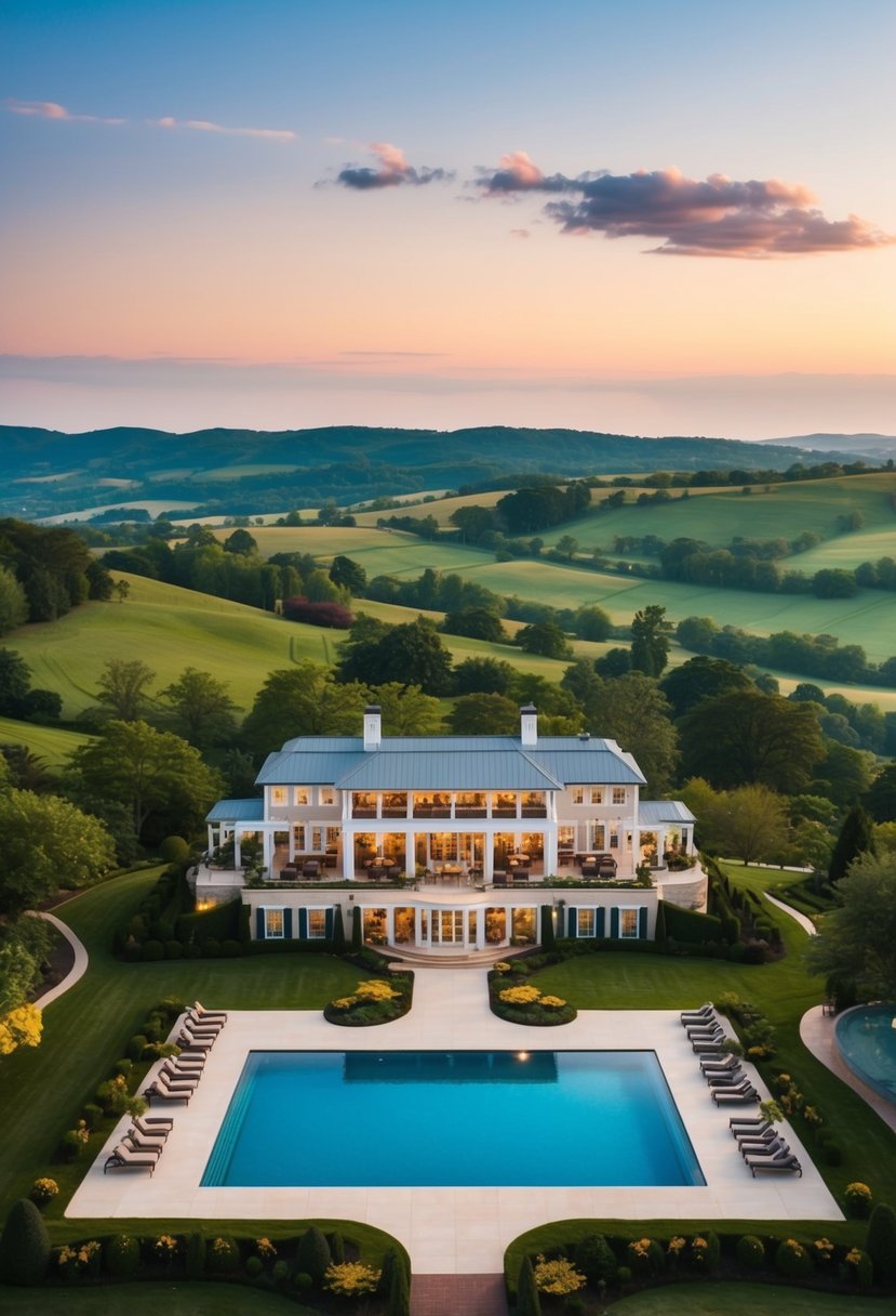A lush, serene resort nestled in the rolling hills of Virginia, featuring opulent accommodations, sprawling gardens, and a sparkling infinity pool overlooking the picturesque countryside