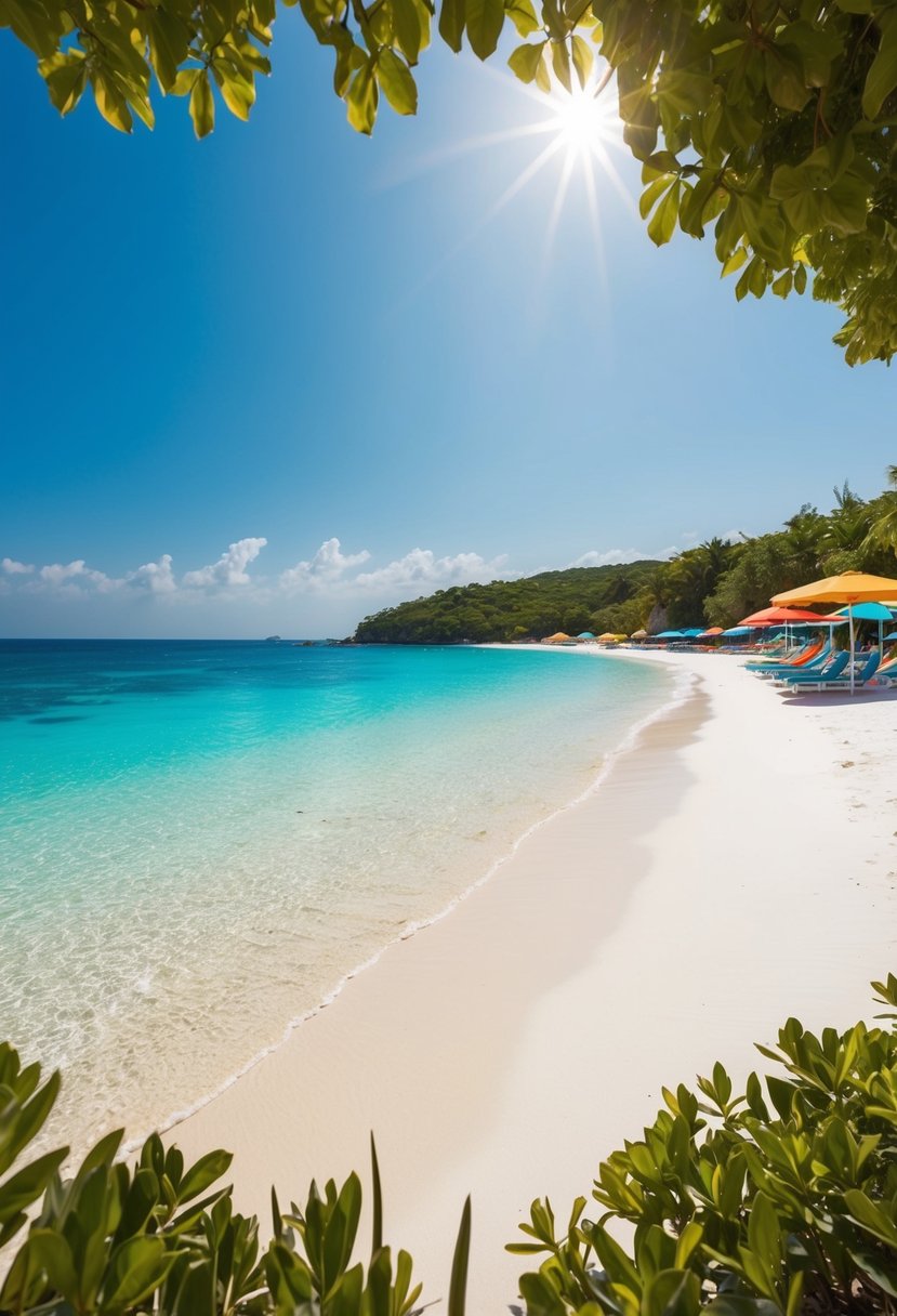Crystal clear water laps against pristine white sand, framed by lush greenery and colorful beach umbrellas. The sun shines brightly in the cloudless sky, creating a perfect beach day