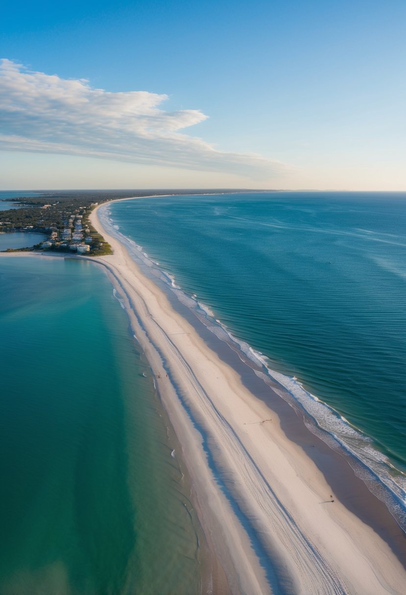 Aerial view of Emerald Isle's pristine beaches, with crystal-clear waters and white sandy shores stretching along the North Carolina coastline