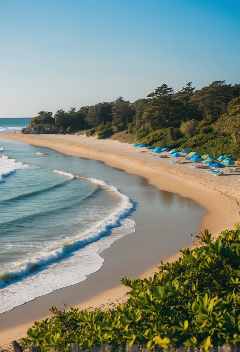 A serene scene of Holden Beach, with gentle waves, golden sand, and a clear blue sky, surrounded by lush greenery and colorful beach umbrellas